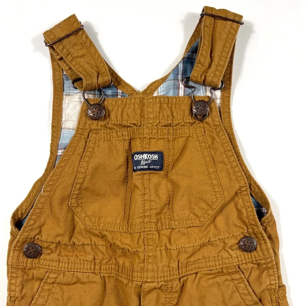 OshKosh Bgosh 3T Toddler Boy Brown Canvas Flannel Lined Overalls School Play EUC